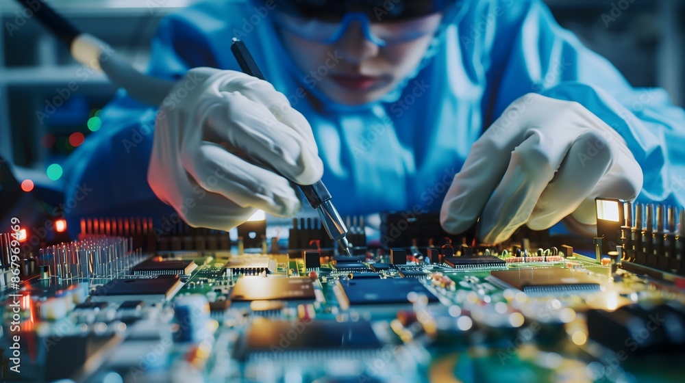 Poster a man in a lab coat is working on a computer chip. he is wearing gloves and has a pair of scissors i