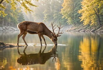 Majestic deer drinking from forest lake