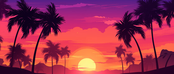 Tropical Sunset with Palm Trees and Ocean