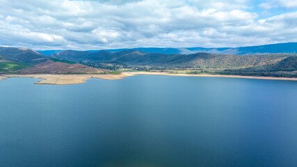Drone aerial photograph of the Tumut River and Blowering Reservoir in the Snowy Mountains region between the towns of Tumut and Talbingo in the Kosciuszko National Park in New South Wales, Australia.