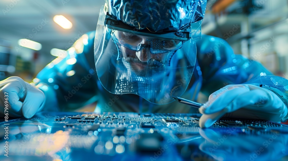 Poster a man in a lab coat is working on a computer chip. he is wearing gloves and has a pair of scissors i
