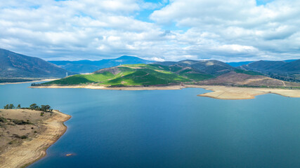 Drone aerial photograph of the Tumut River and Blowering Reservoir in the Snowy Mountains region between the towns of Tumut and Talbingo in the Kosciuszko National Park in New South Wales, Australia.