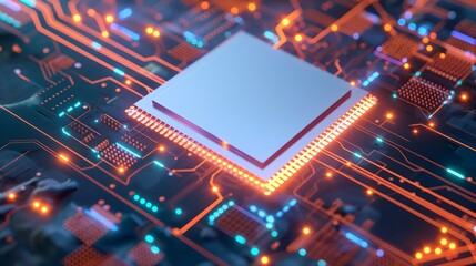 A computer chip is shown in a close up of a circuit board. The chip is blue and orange. AI generated. A computer chip with a blue center and orange edges. The chip is surrounded by a black background.