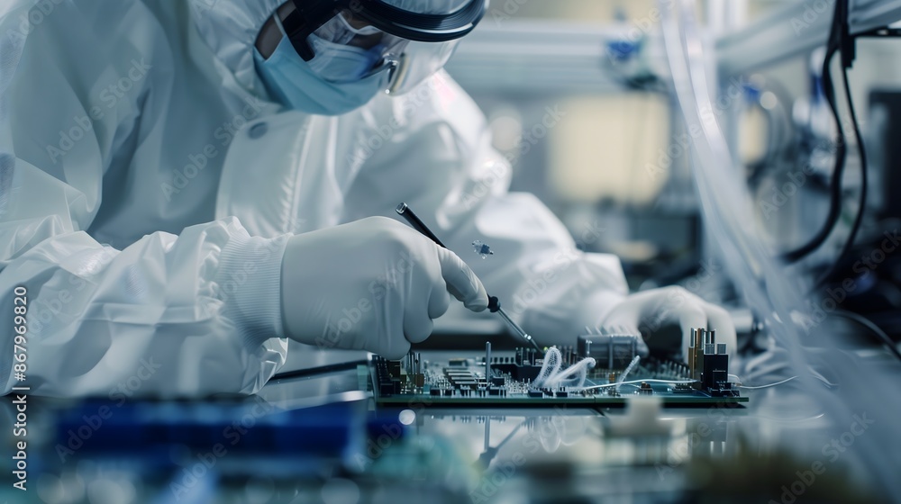Poster a man in a lab coat is working on a computer chip. he is wearing gloves and has a pair of scissors i