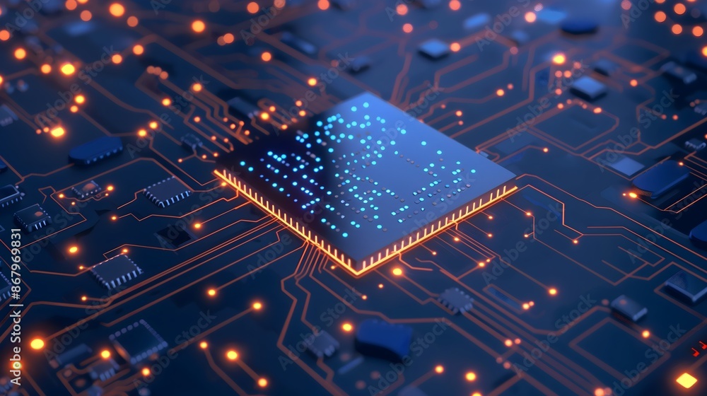 Poster a computer chip is shown in a close up of a circuit board. the chip is blue and orange. ai generated
