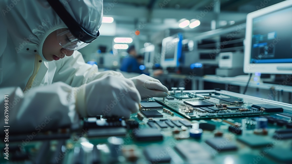 Poster a man in a lab coat is working on a computer chip. he is wearing gloves and has a pair of scissors i