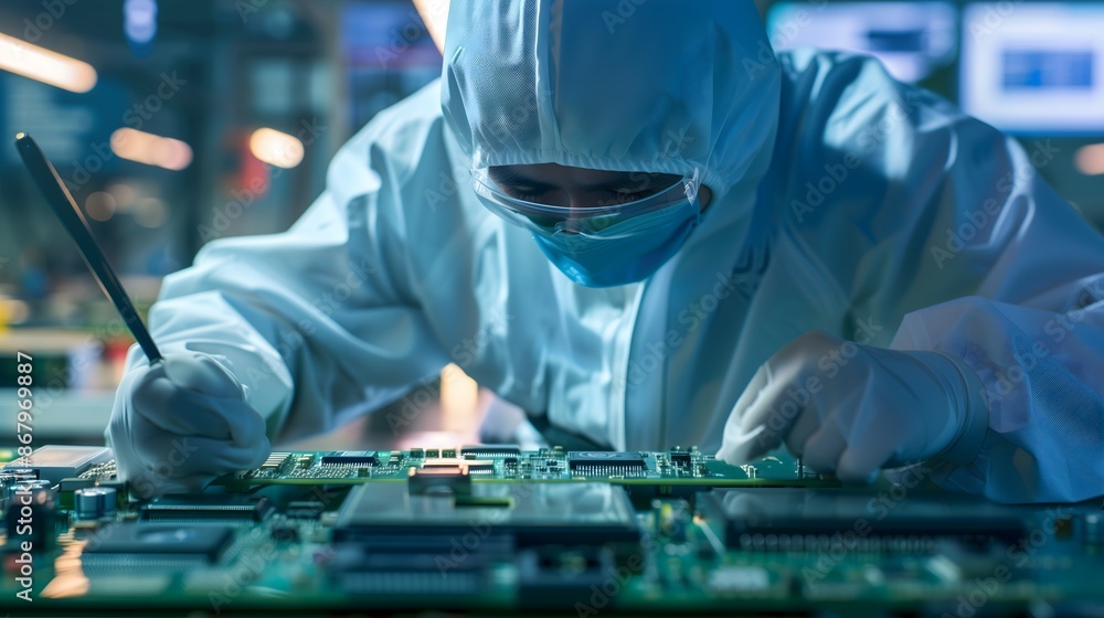 Poster a man in a lab coat is working on a computer chip. he is wearing gloves and has a pair of scissors i