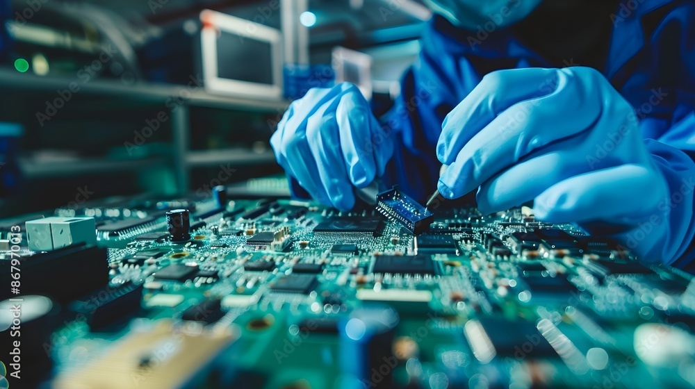 Poster a man is working on a computer chip. concept of precision and focus as the man carefully handles the