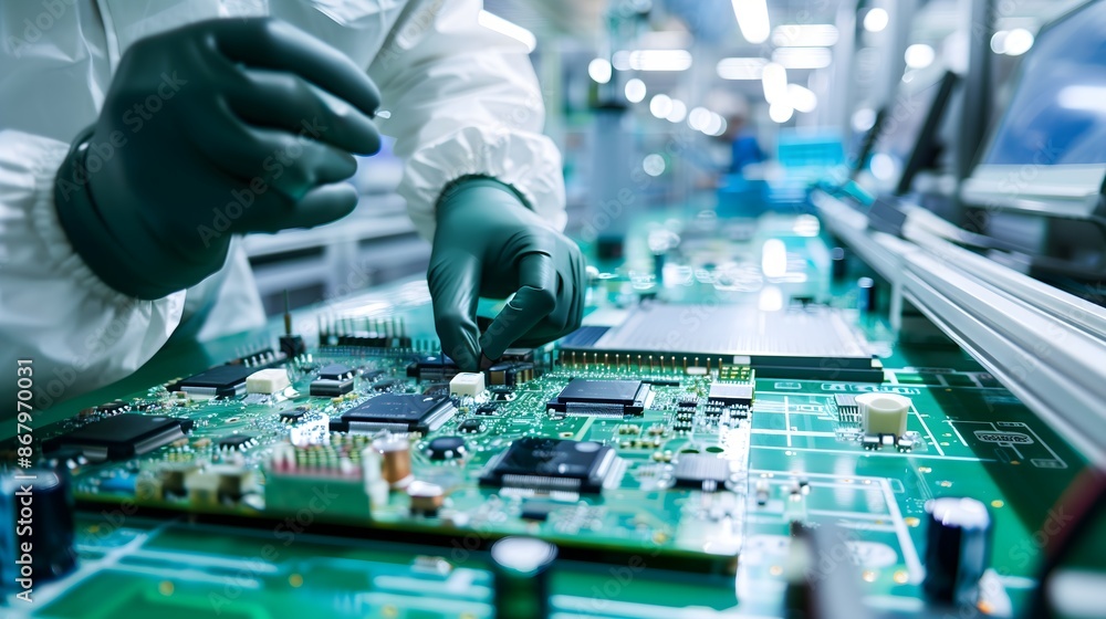 Poster a man is working on a computer chip. concept of precision and focus as the man carefully handles the