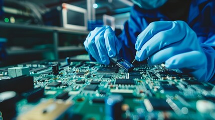 Obraz premium A man is working on a computer chip. Concept of precision and focus as the man carefully handles the delicate electronic components. The blue and white color scheme of the image adds a sense of calm. 