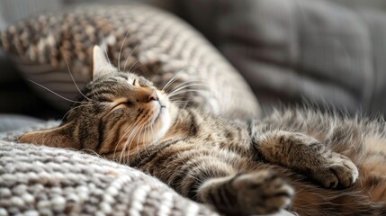 Striped Scottish cat grooming itself on sofa