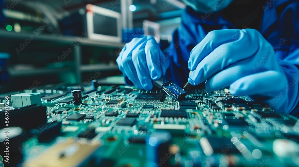 Poster a man is working on a computer chip. concept of precision and focus as the man carefully handles the