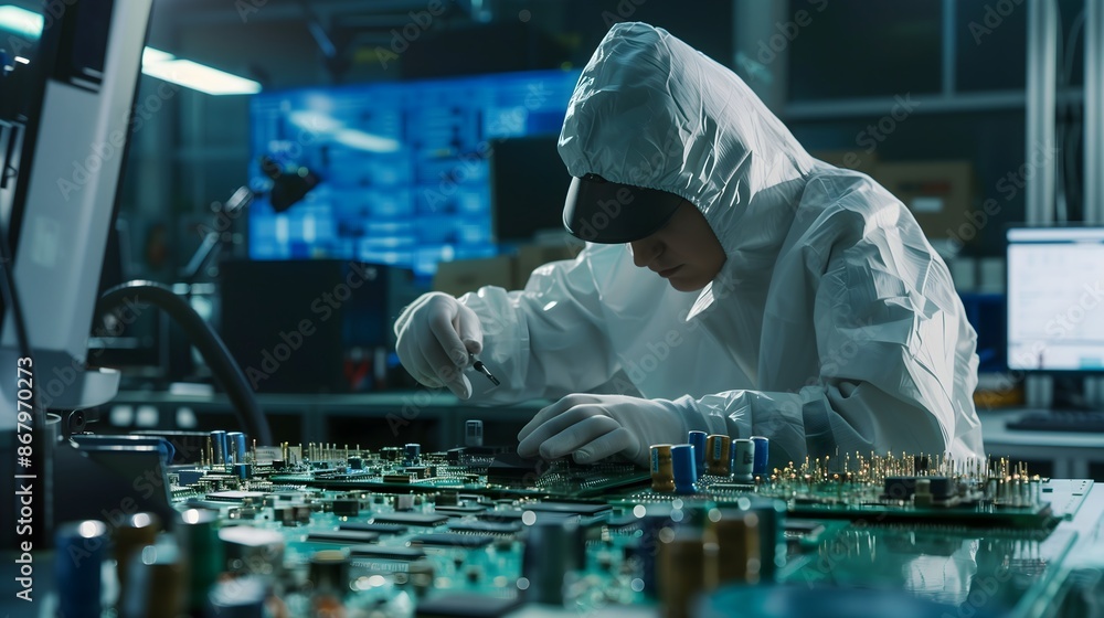 Poster a man in a lab coat is working on a computer chip. he is wearing gloves and has a pair of scissors i
