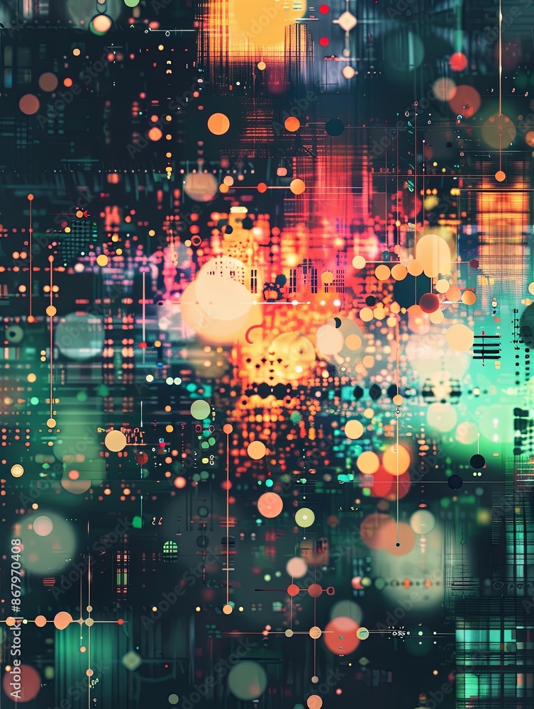 Poster a digital cityscape with vibrant colors, glowing lights, and geometric patterns. generative ai