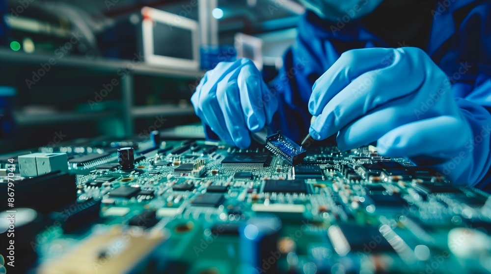 Poster a man is working on a computer chip. concept of precision and focus as the man carefully handles the