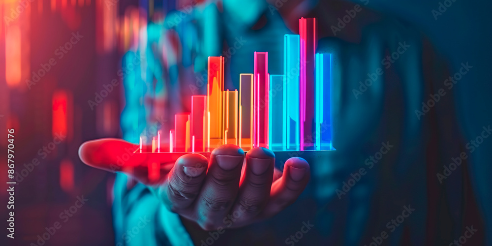 Poster a hand with bar graphs with a rainbow of colors.