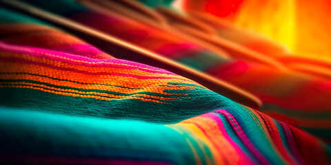 A colorful piece of mexican  fabric with a striped pattern. The colors are bright and vibrant, creating a lively and cheerful mood