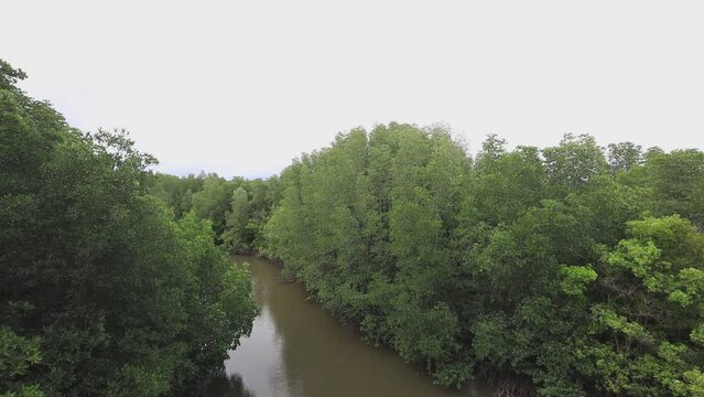High angle video background with mountain scenery The river and the beautiful sunshine blurred onto the water surface in a golden light, the beauty of nature during the trip.