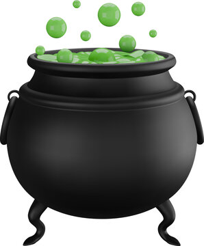 isolated witch pot. witch cauldron with green potion. halloween 3d element