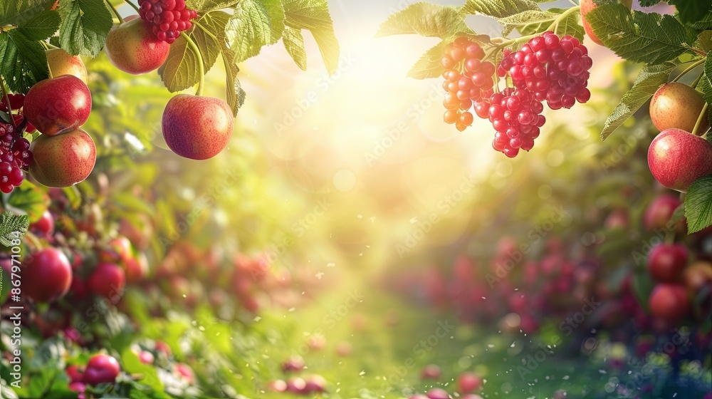 Fototapete a close-up view of ripe red apples and berries hanging from branches in a sunny orchard. generative 