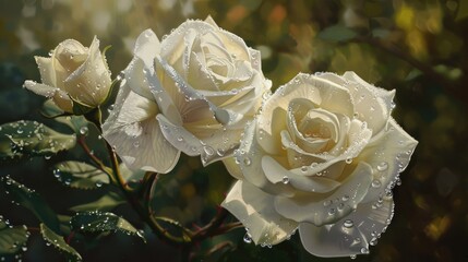 White roses adorned with morning dew