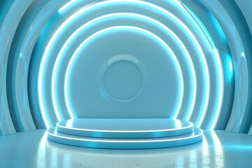 Obraz premium Futuristic blue stage with neon lights, a perfect background for a product display, game, or virtual event.