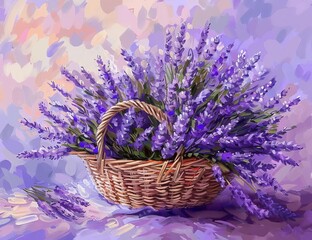 Lavender Bouquet Painting with Purple Tones in Basket