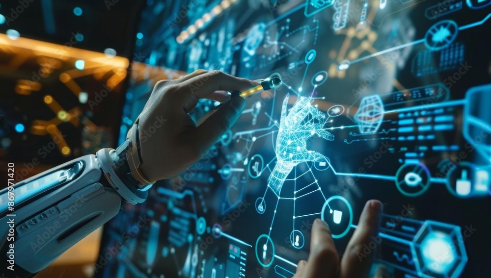 Poster futuristic interface with blue holographic data and ai integration