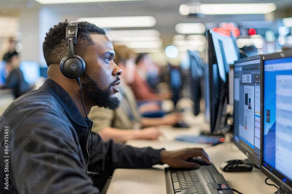 Aufkleber focused man working in an office with multiple monitors