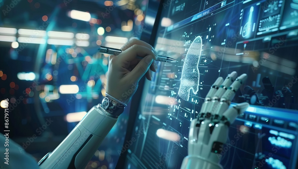 Poster futuristic interface with robotic hand and holographic display in blue