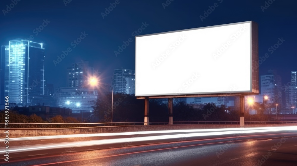 Poster a mockup of billboard with white color blank space setting in between building of city. a large big 
