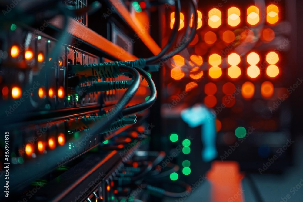 Aufkleber data center network cables and server lights in red hue