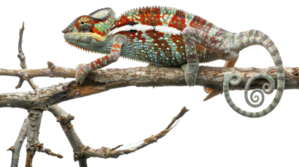 Chameleon portrait on a branch on transparent background