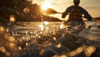 Canoeing at Sunset with Water Splash in Golden Light