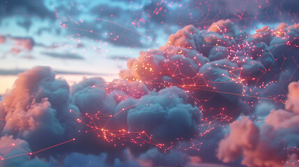 Cinematic cloud with glowing data points and digital connections in sky