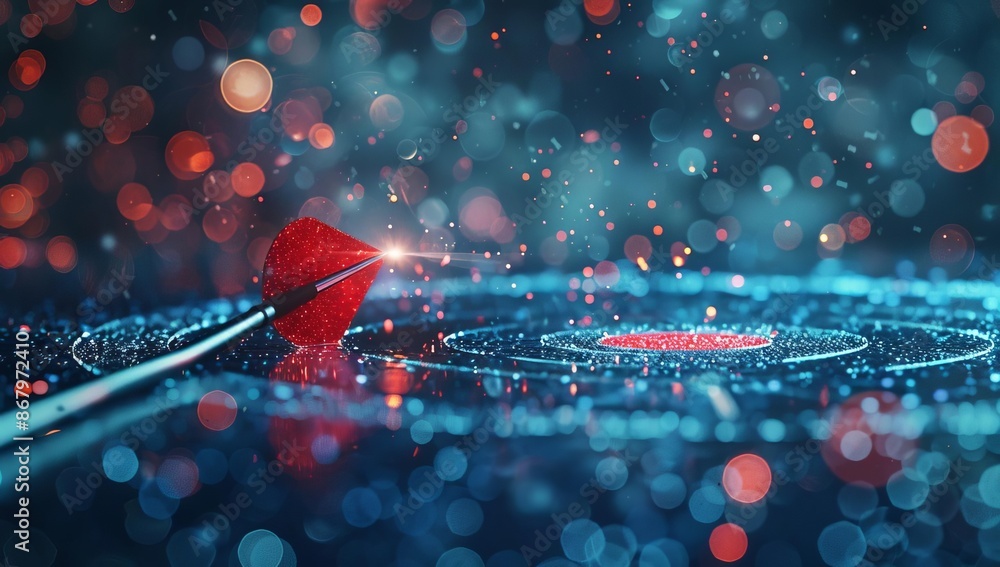 Poster red dart hitting target with bokeh effect in blue background