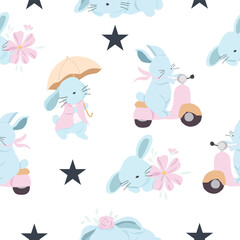 Cute Blue Bunny Cartoon Seamless Pattern