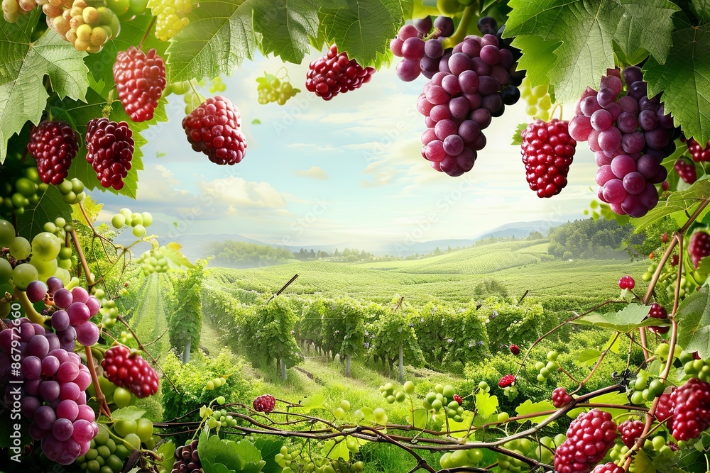 Poster A scenic view of a vineyard with ripe grape and blackberry clusters hanging from the vines. Generative AI