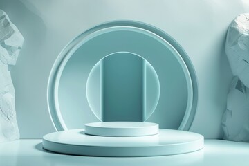 Minimalist 3D render of a white cylindrical podium with a circular backdrop on a turquoise background. Ideal for product placement, branding, and cosmetic display.