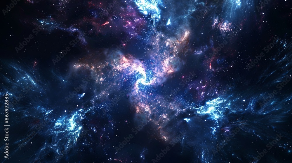 Poster A cosmic scene depicting a vibrant blue nebula swirling around a smaller red nebula in the vast expanse of deep space. Generative AI