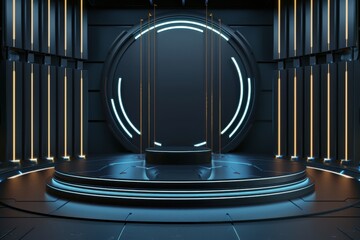 Futuristic Sci-Fi Podium with Neon Lights Background. Ideal for product placement, presentations, and digital art