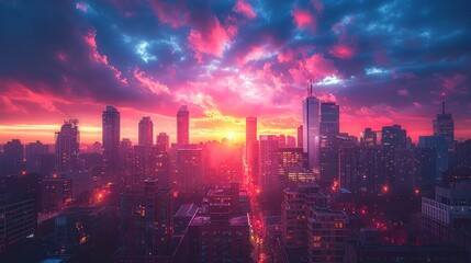 Obraz premium A cityscape at sunset, with the buildings bathed in warm, colorful light. The beautiful, bright urban scene provides an inspiring background for your message. 