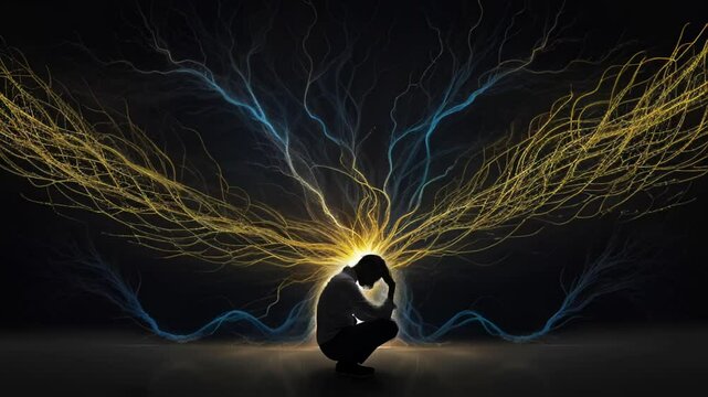 Silhouette of a person in meditation pose, emanating brilliant golden and blue energy streams. Dark background with electric tendrils reaching outward.