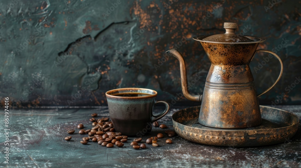 Wall mural Vintage cup and metal coffee pot with black coffee set against dark background