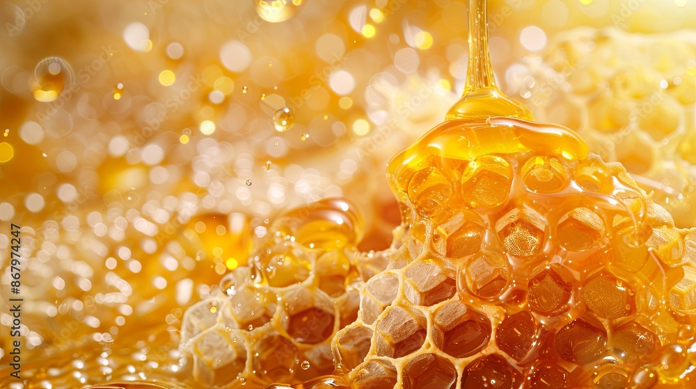 Poster A close-up shot of golden honey being poured onto a honeycomb, creating a beautiful and delicious scene. Generative AI