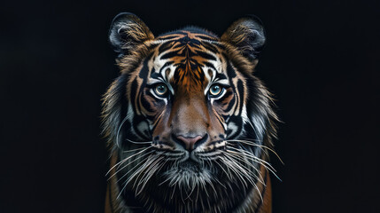 Fototapeta premium Against a dramatic black backdrop, the powerful and fierce head of a Sumatran tiger commands attention. 