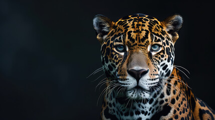 Obraz premium Against a striking black background, a magnificent jaguar exudes elegance and mystery, its sleek form and piercing eyes capturing the essence of this enigmatic big cat.