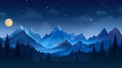 Illustration of mountain winter solstice landscape with a large moon and night clear sky with tree silhouette with moonlight, silhouette mountain with dark valley with dew illustration
