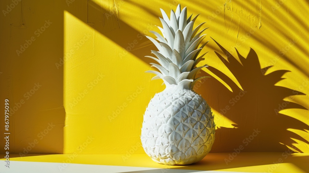 Poster white ceramic pineapple on yellow backdrop with sharp shadow in minimalistic style
