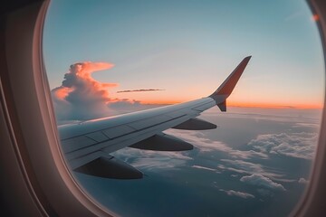 Fototapeta premium airplane wing. Breathtaking Aerial View from the Airplane Window - Soaring above Expansive Cloud
